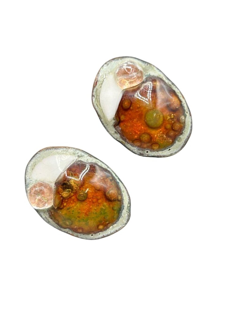 Vintage Wearable Art earrings Clip On enamel Over Copper Artisan Signed Abstract